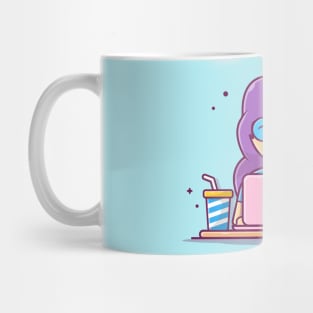 Woman Operating Laptop With Burger And Soft Drink And speech Bubble Cartoon Mug